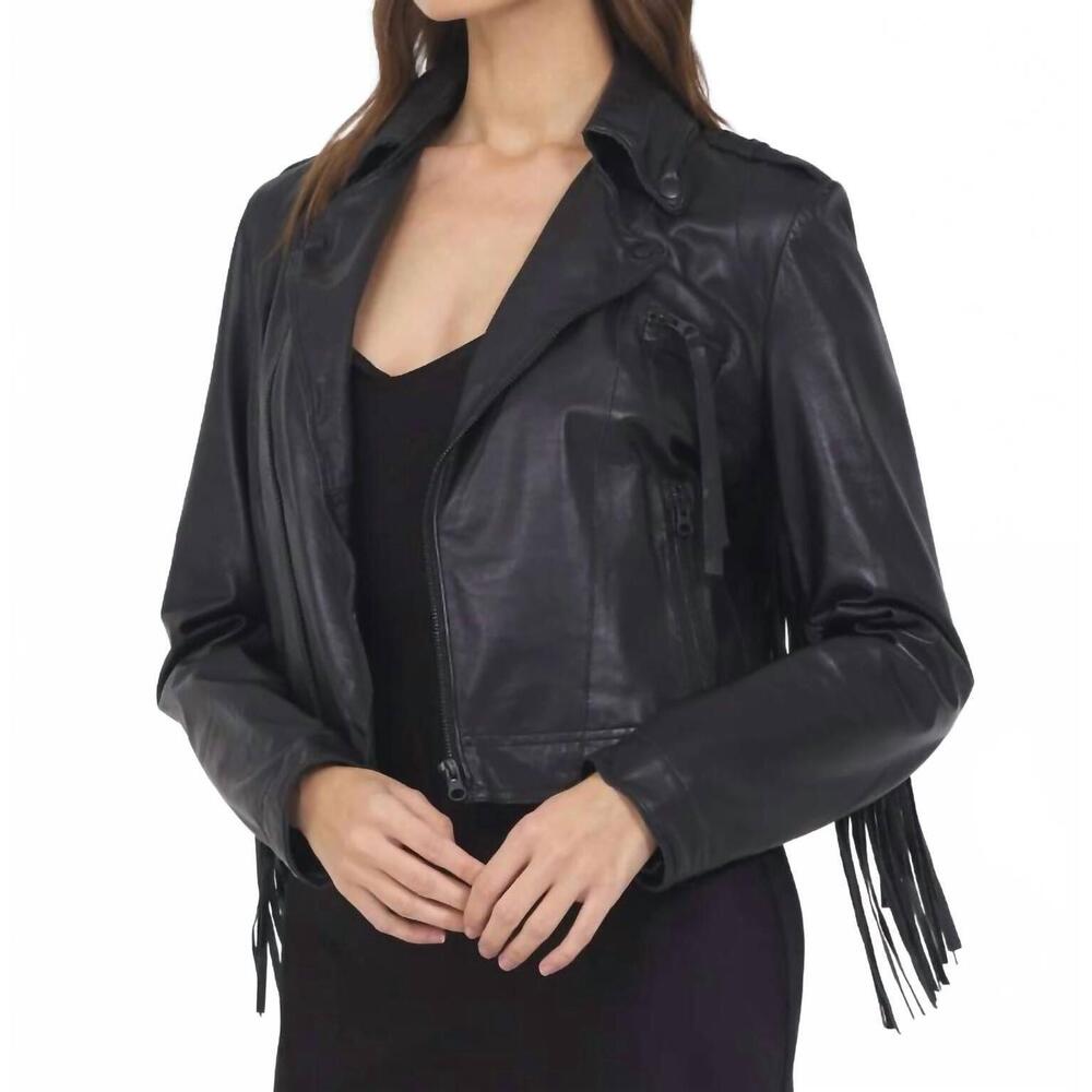 NEW JAKETT tina fringe leather jacket in black